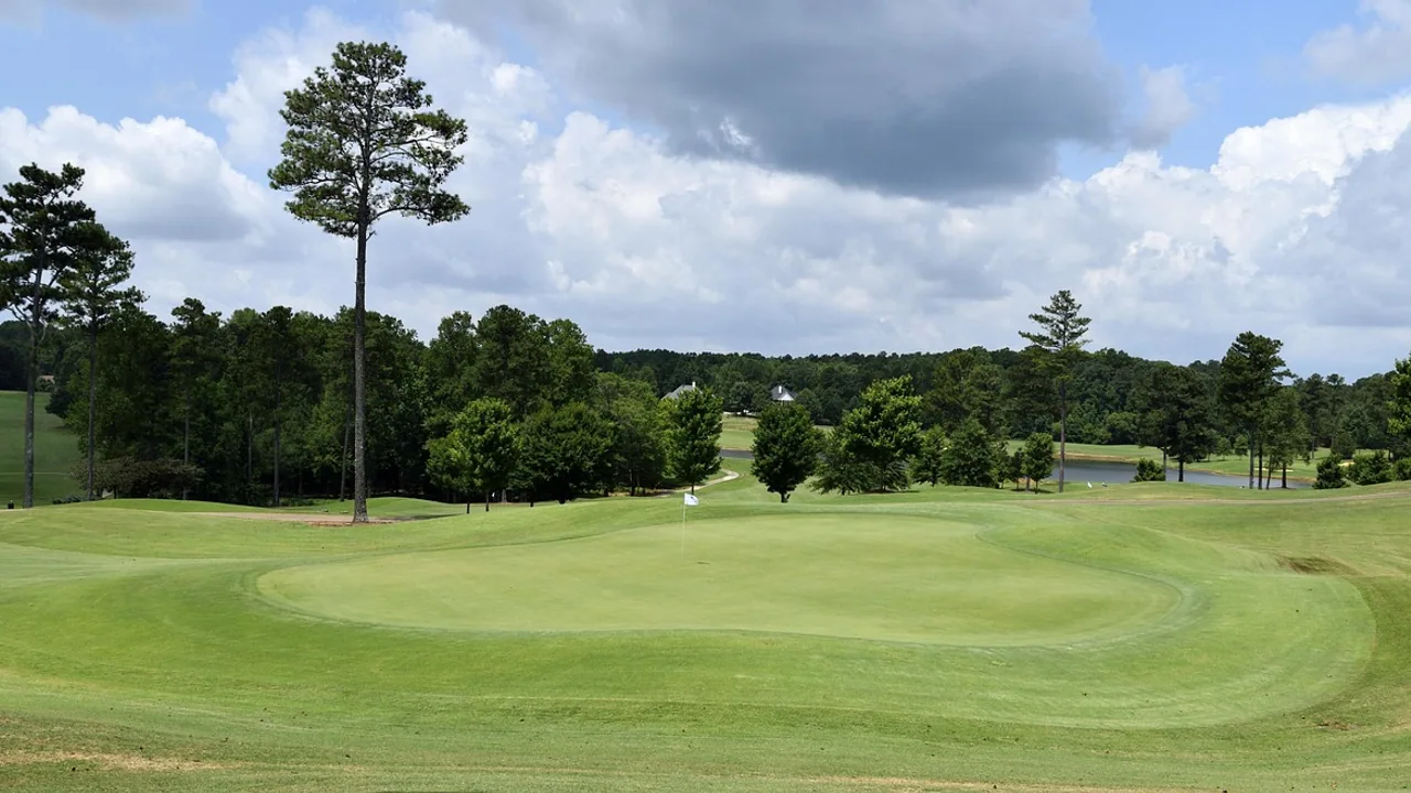 Panoramavy över en frodig grön golfbana med lövträd under sommarhimmel