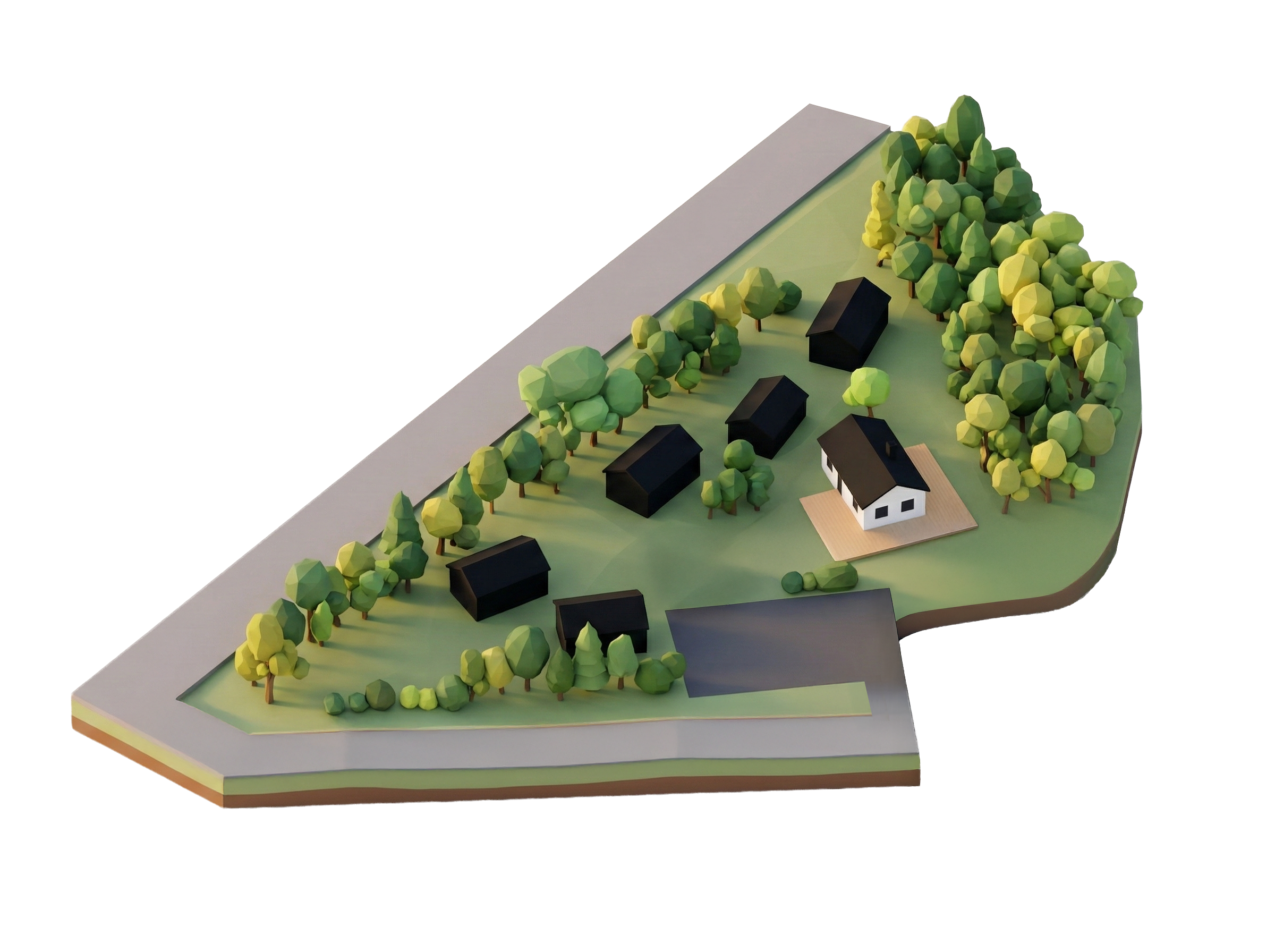 Illustrerad 3D-modell av Stugby i Sulvik vid Glafsfjorden, med stugor, huvudbyggnad och omgivande skog.